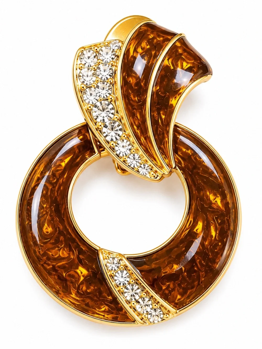 Vintage Tortoise Lucite Rhinestone Clip-On Earrings – Gold Tone Statement Hoops‎